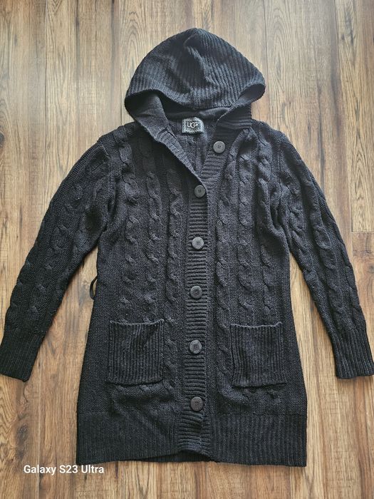 Długi sweter rozpinany kardigan warkocz zapinany kapturem UGG L/40