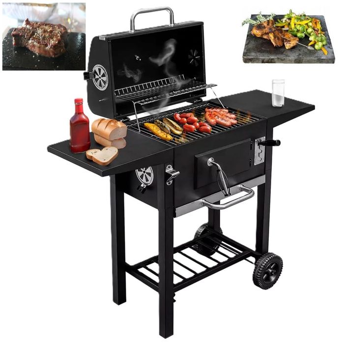 Grill Węglowy Duży Żeliwny Ruszt Pokrywa XXL+Granitowy Kamień Stek