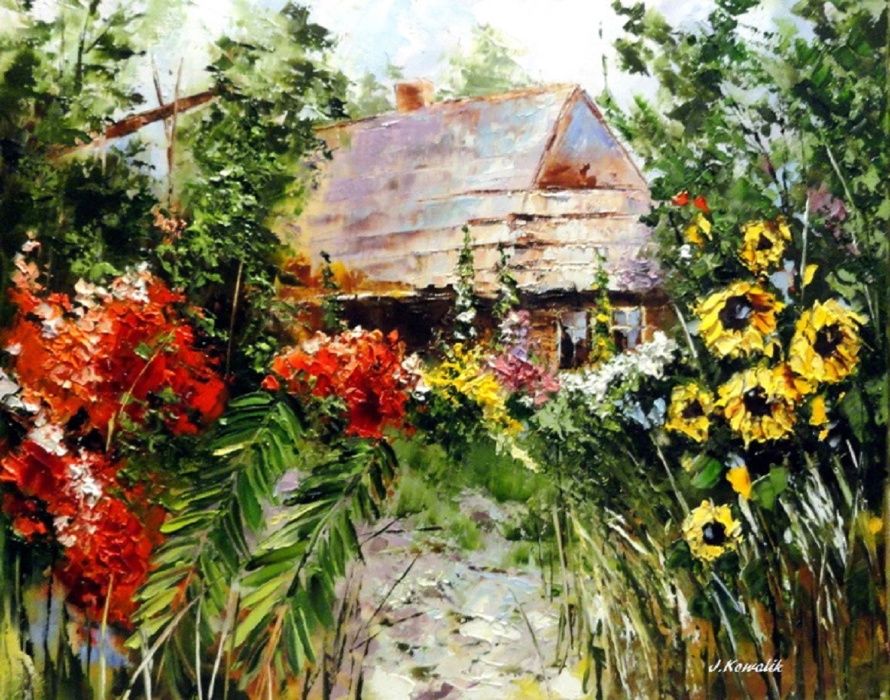 Kowalik - Chatka w ogrodzie - 50x40cm Kwiaty Ogród Obraz Olejny