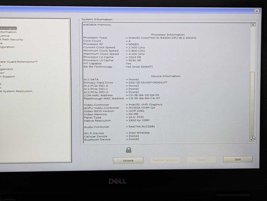 Ноутбук Dell Precision 7540 FHD 256/16GB I5 9400H Nvidia T1000 4GB