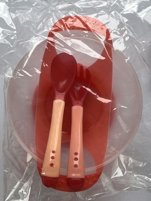 Набор детской посуды на присоске (миска 350 мл, вилка, ложка), Розовый