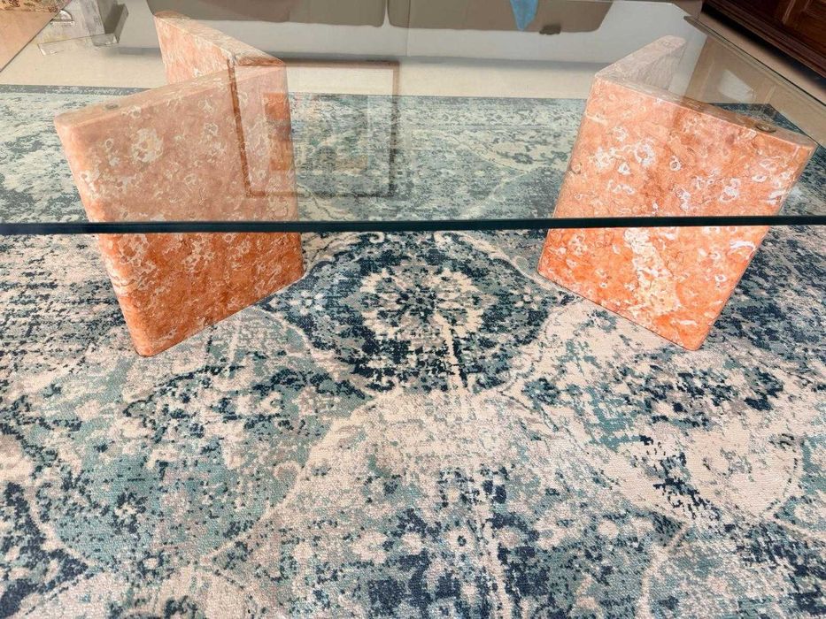Mesa jantar marmore rosa c/ 6 cadeiras cerejeira e assento em palhinha