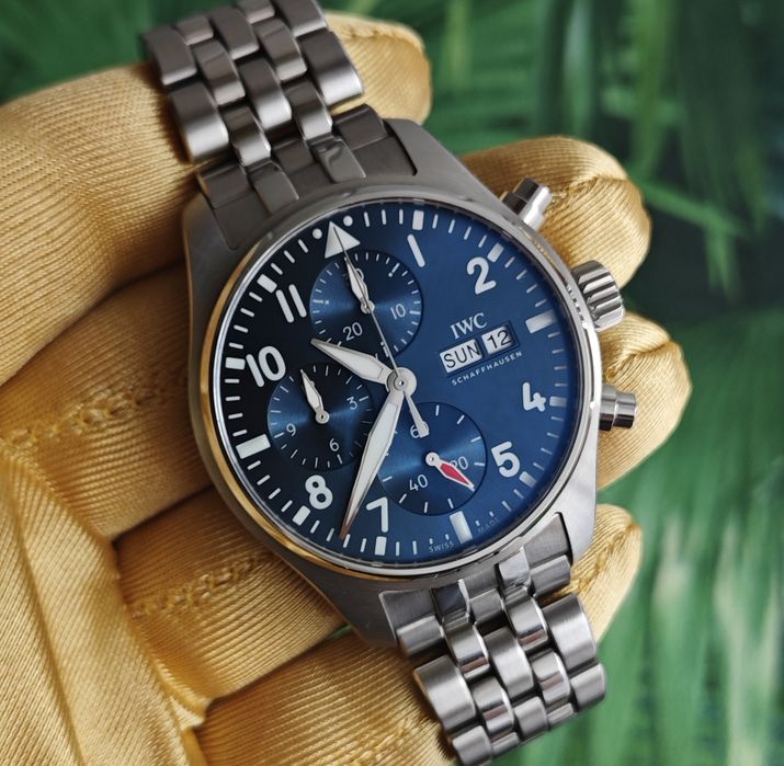 IWC Pilot Chronograph 41 mm Automatic IW388102 zegarek męski automatyczny granatowy na bransolecie niebieski Ingenieur Portofino full set elegancki