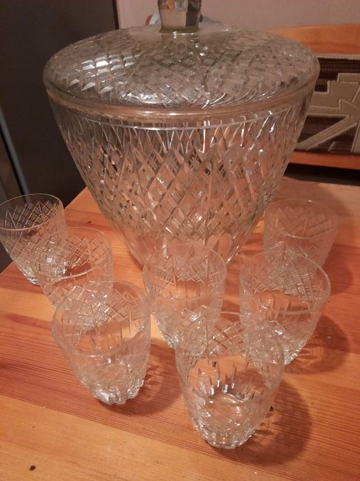 Szklany zestaw do ponczu PRL krysztalowe szklo