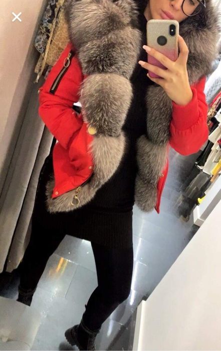 Czerwona zimowa kurtka lis syberyjski bogate futro XS S