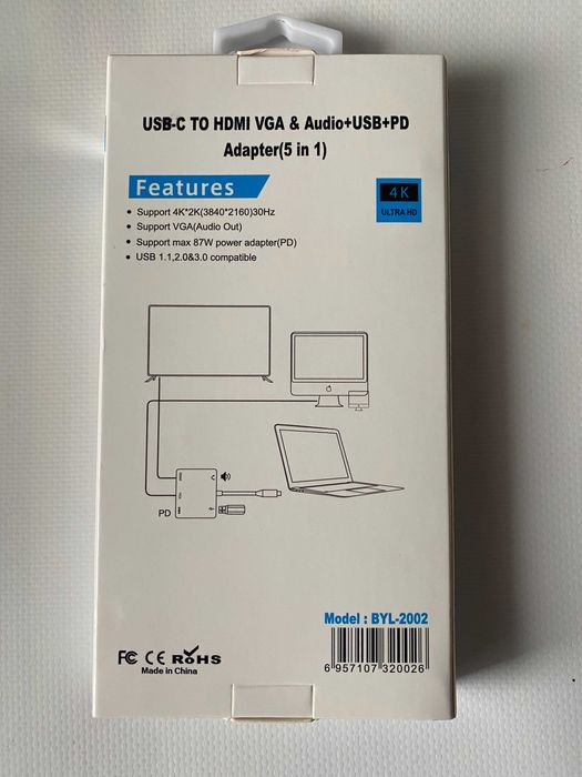 Перехідник 4K USB-C HUB PD+HDMI+VGA+USB 3.0 + AUX 5 in 1