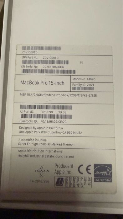 MacBook Pro 15” (2019) – model A1990