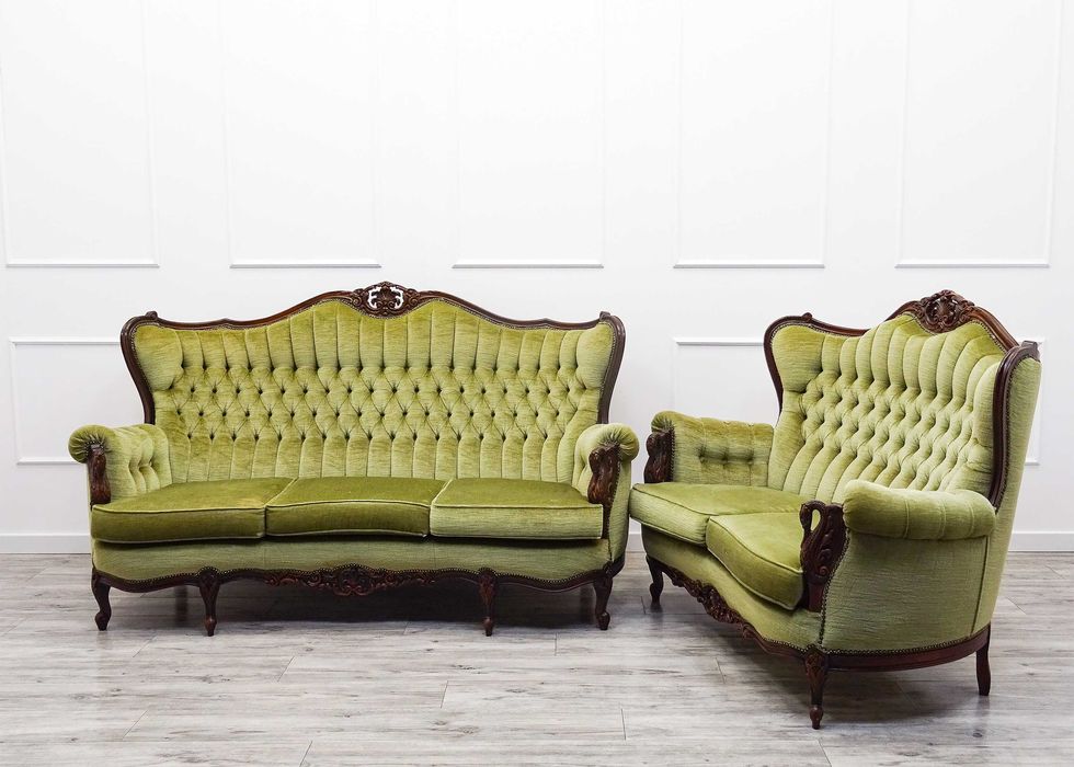 Meble do SALONU Komplet Ludwik PIKOWANA Kanapa SOFA buk PLUSZ oliwkowy