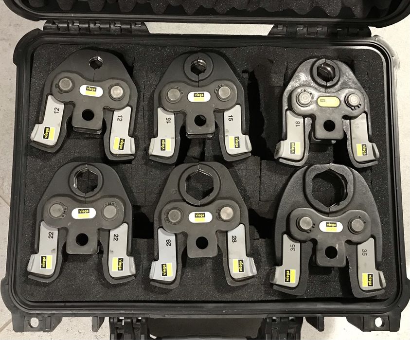 Zestaw szczęk-zacisków VIEGA 12, 15, 18, 22, 28, 35 walizka, stan BDB