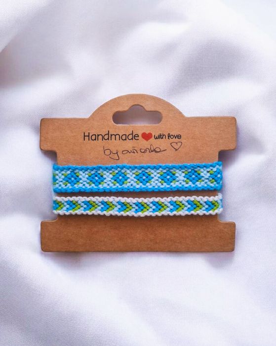 Handmade bransoletki z muliny – zestaw 2 szt. | Kwiaty i strzałki | Odcienie niebieskiego