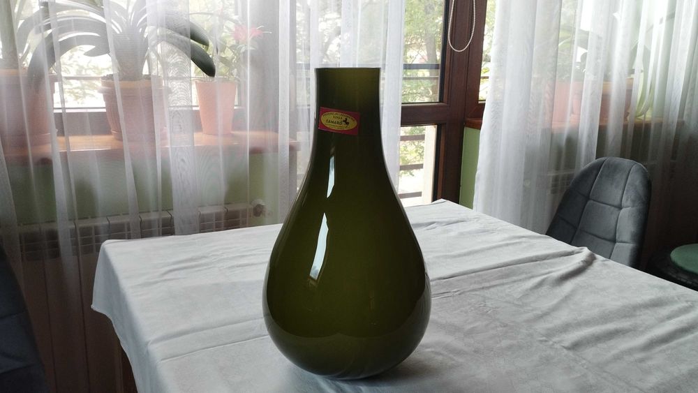 Wazon szklany dwuwarstwowy ciężki oliwkowy Polski Camaro PRL