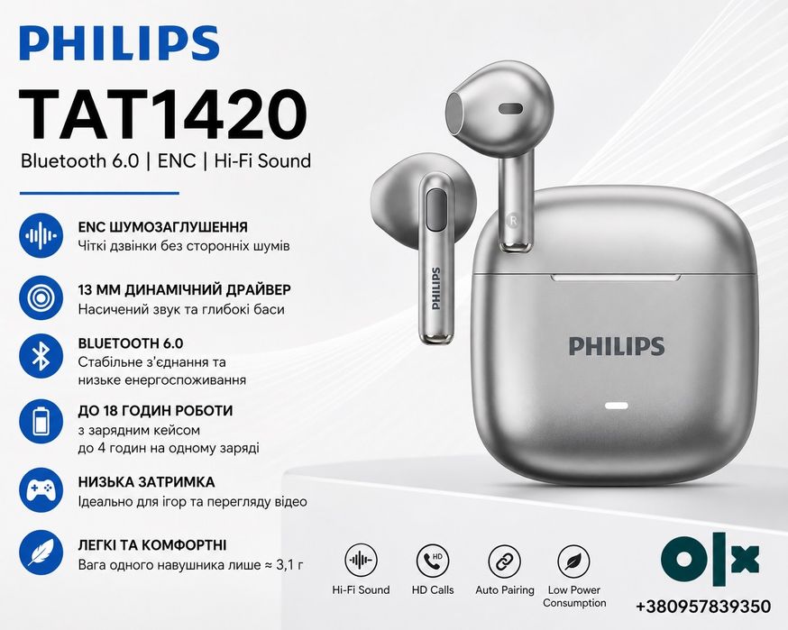 Навушники бездротові Philips TAT1420 — стильні TWS навушники з Bluetooth 6.0, ENC, Hi-Fi звуком, низькою затримкою та автономністю до 18 годин.