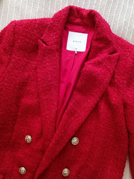 Czerwona tweedowa marynarka długi rękaw elegancka mohito 36 S