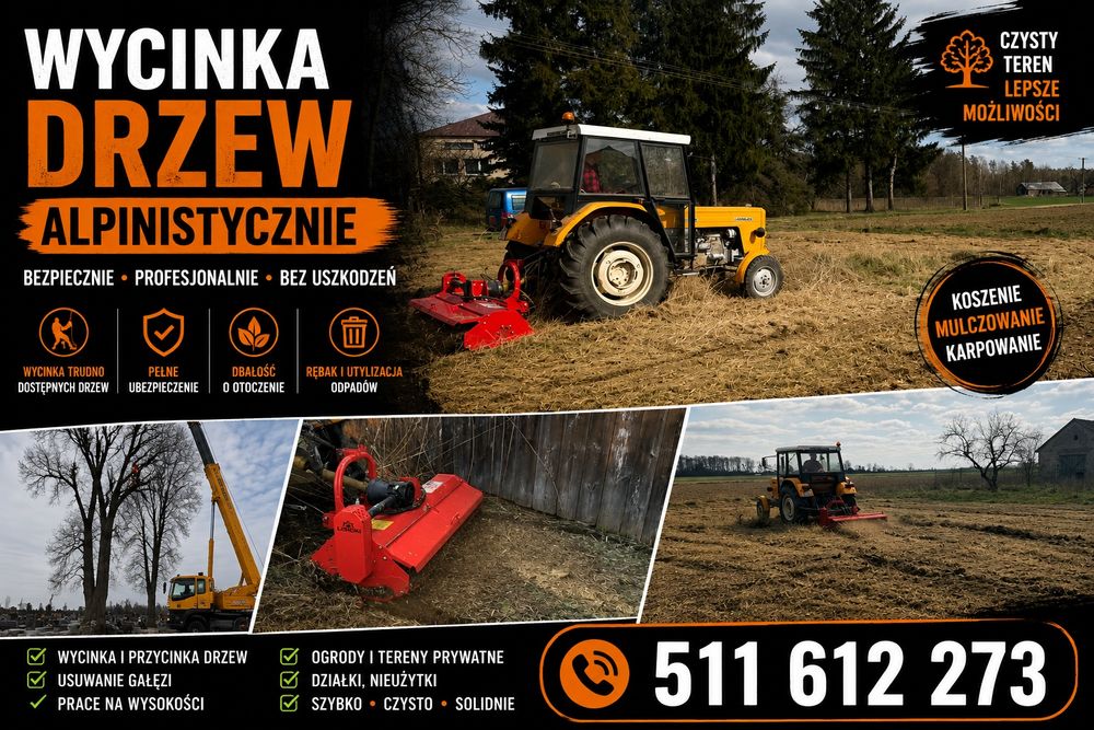 Koszenie nieużytków działek ,wycinka drzew,koparka,rębak,mycie dachow,kostki