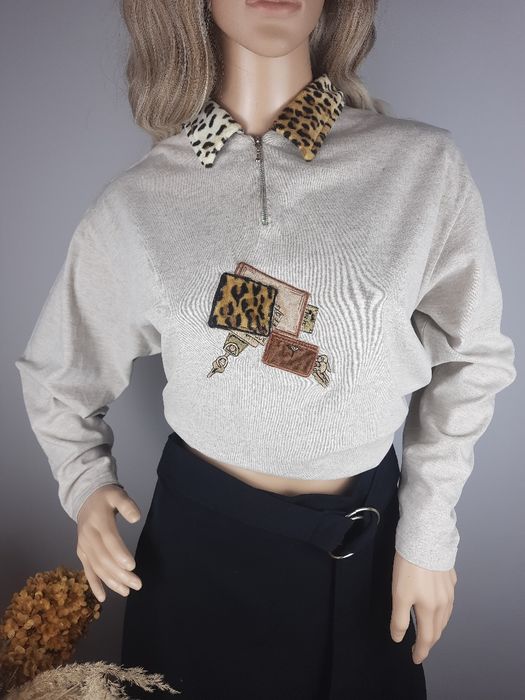 Bawełniana bluza z kołnierzykiem ciepła w panterkę cętki sweter