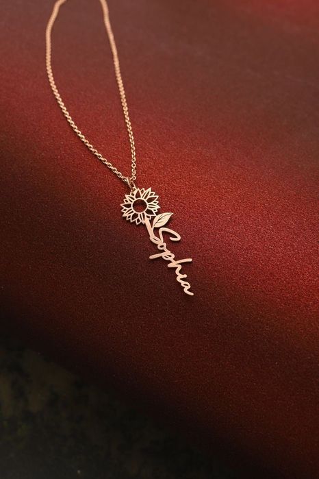 Срібне кольє з позолотою з ім'ям та квіткою, срібна прикраса, подвеска
