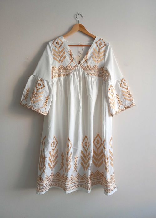 Poheme biała sukienka midi boho hafty S/M