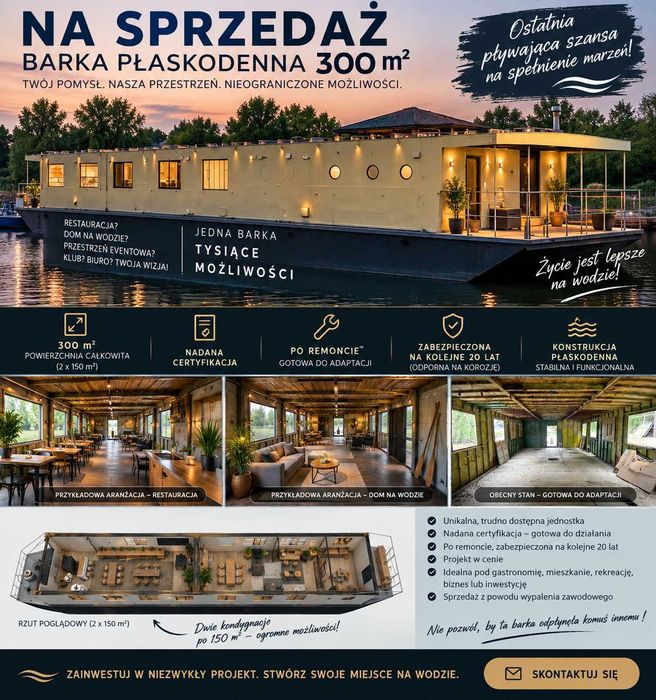 Barka houseboat 25 m/6 m  300m2 pod dom, Dwa pokłady pod restaurację, bar, biuro Szczecin Centrum