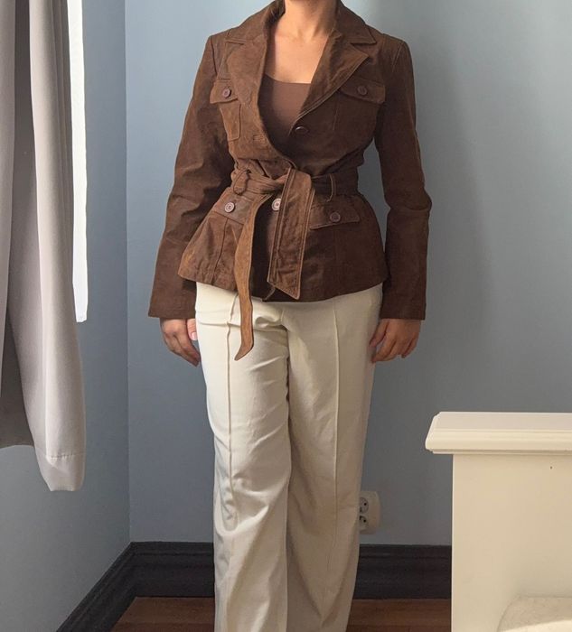 Zamszowa czekoladowa kurtka skorzana taliowana hit zamsz skora vintage