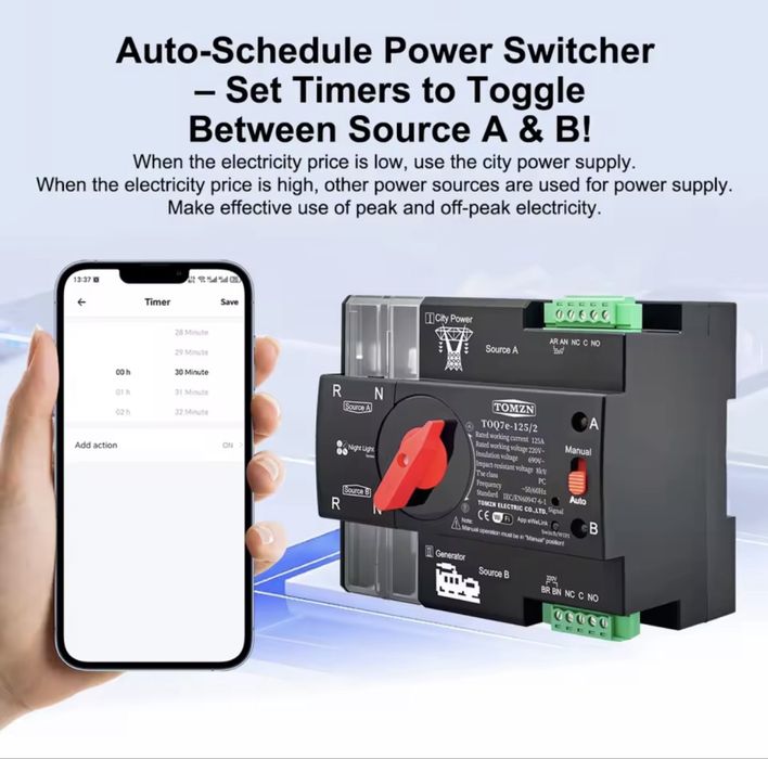АВР WiFi, автомат вводу резерву Tomzn TOQ7e-125/2 однофазний 125А