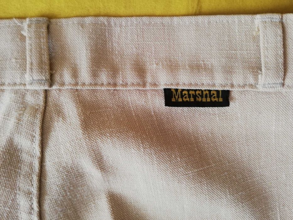 spodnie lniane proste beż w kantkę na wysoką Marshal pas 70cm