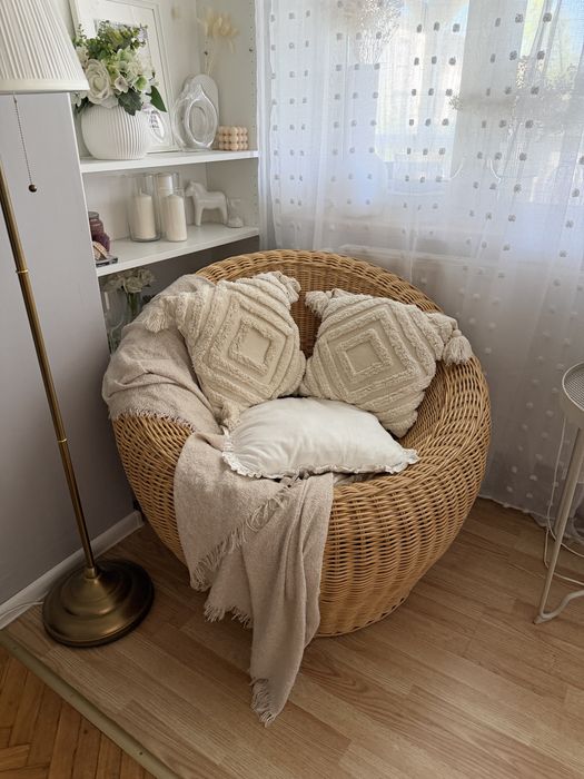 Wiklinowy pleciony fotel kubełkowy wiklina rattan  Ikea boho