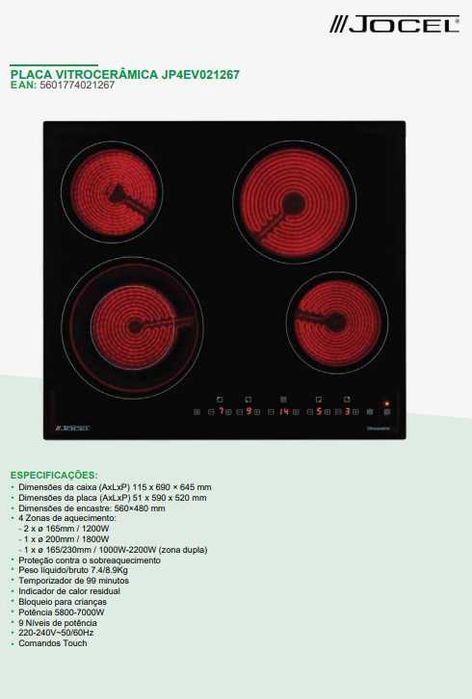 Pack de Encastre Placa Vitrocerâmica + Forno Multifunções Jocel