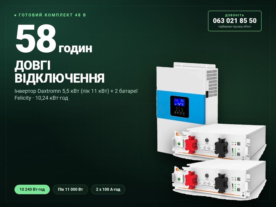Готовий комплект 48В: Daxtromn 5,5 кВт пік 11 кВт + 2 АКБ Felicity 10,24 кВт·год