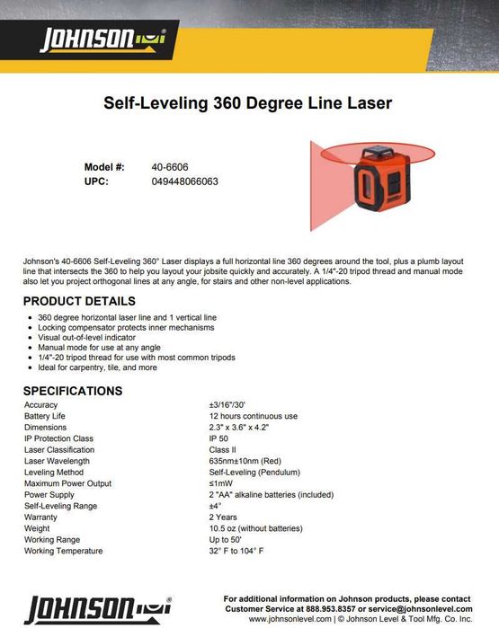 Лазерний нівелір на 2 промені 180°+360° 15 м Johnson Laser 40-6606