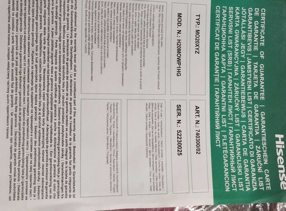 Nowa mikrofalówka na gwarancji Hisense