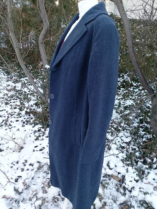 Niebieski długi wełniany płaszcz vintage M L lata 70 80