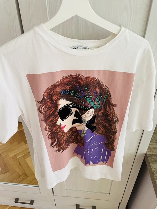 Zara S t shirt nadruk bialy