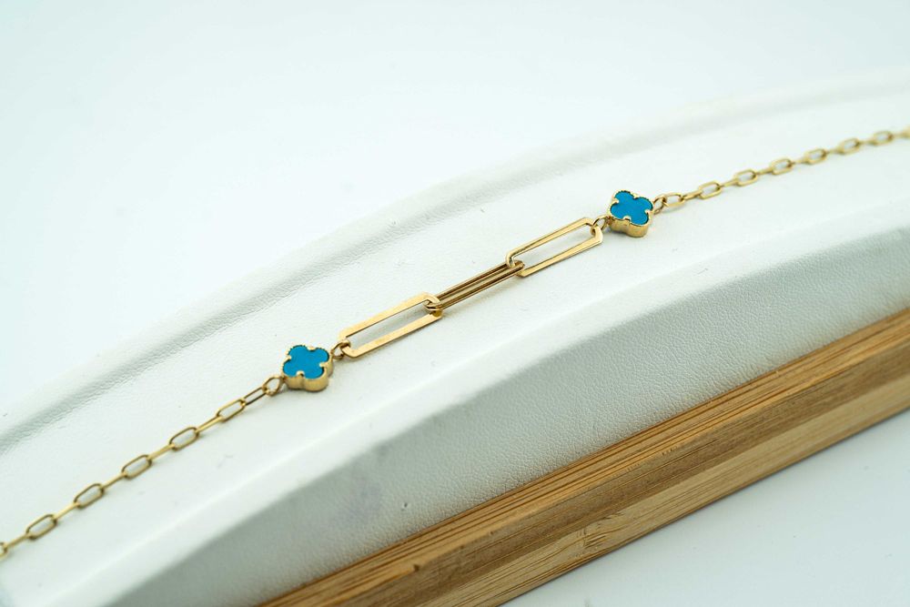 Piękna bransoletka spinacz paper clip niebieskie koniczynki złoto 585