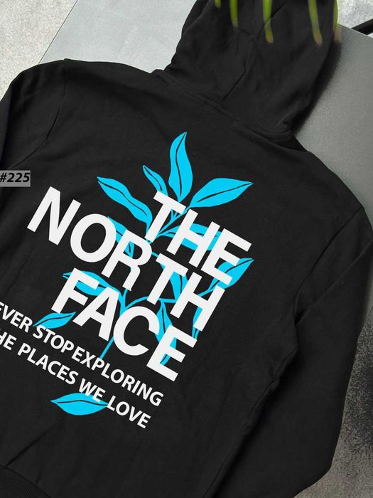 Черное Худи THE NORTH FACE Blue Leaves — TNF Синя Листя Большой Принт — Толстовка ТНФ