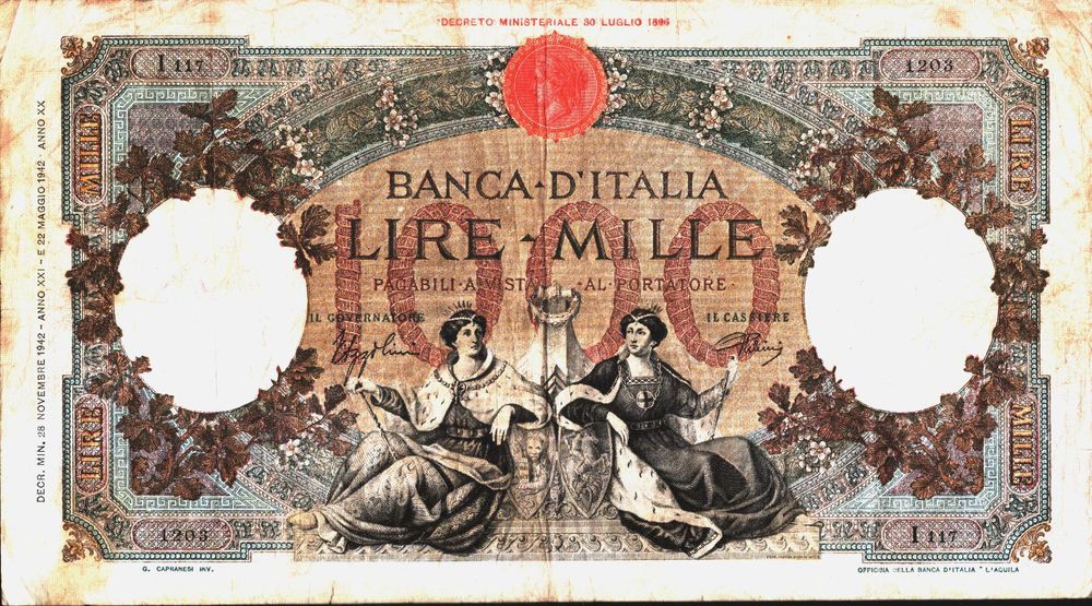 BANCA D´ITALIA 1000 Lire 28 Novembro 1942 Nº I 117 e 1203 Raríssima