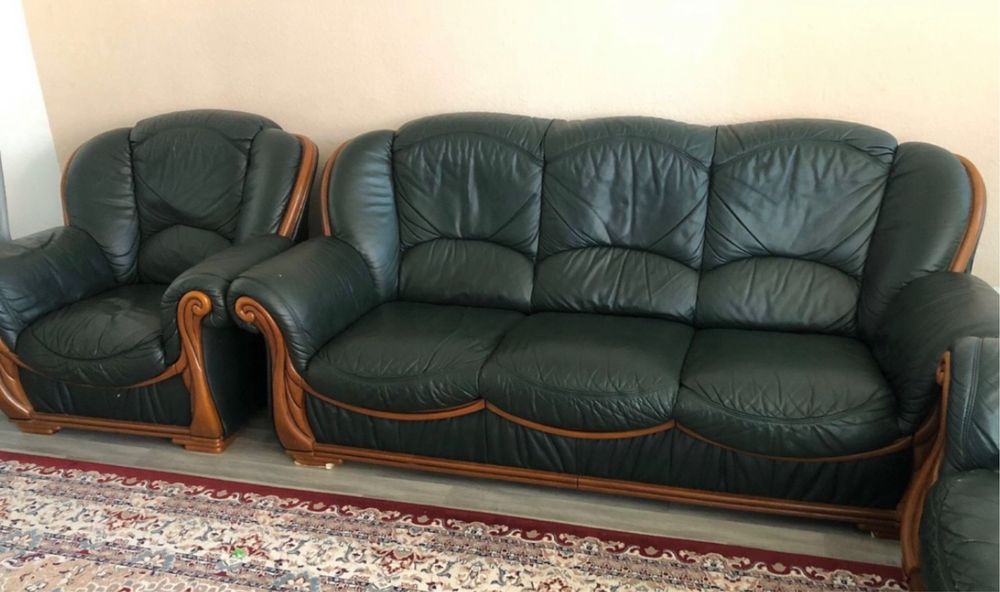 Диван шкіряний і крісло з деревом з Швейцарії