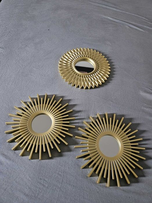 Dekoracja zestaw 3 luster w złotych ramkach do domu zawieszki