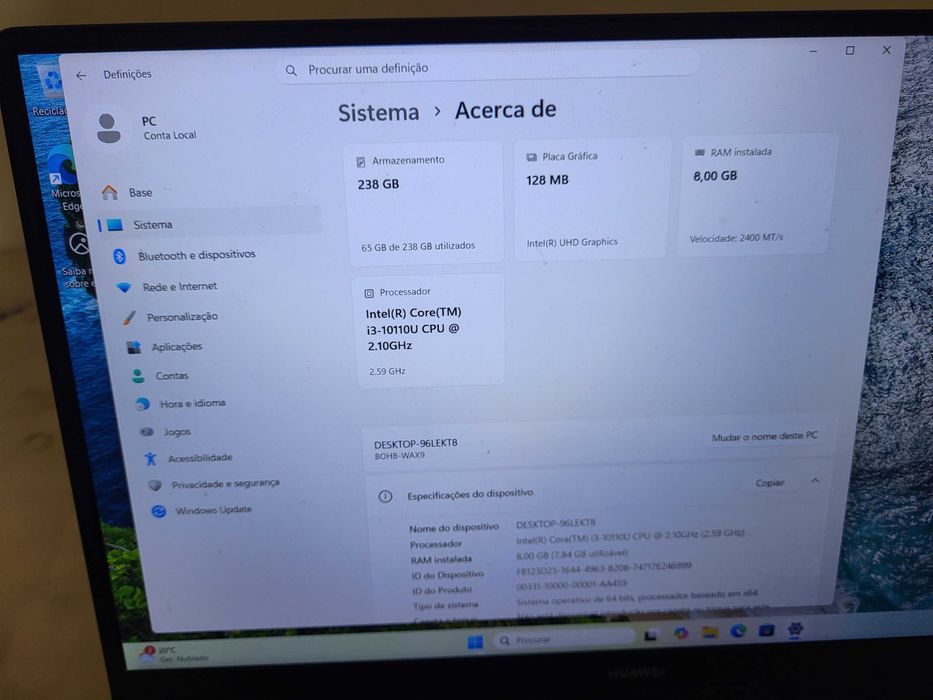 Portatil huawei matebook d15 i3 8gb ram windows 11