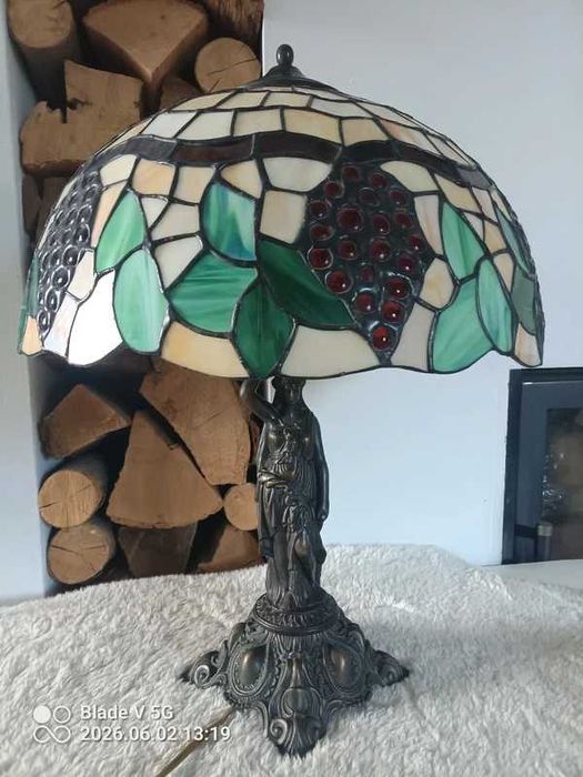 Stara lampa witrażowa kobieta winogrona sygnowana Honsel Ala Tiffany