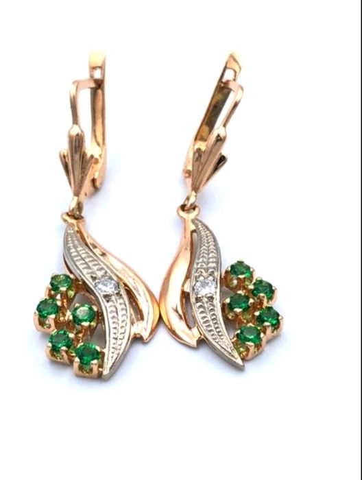 Золотые серьги изумруд,бриллианты 585,750 проба,сапфир,агат