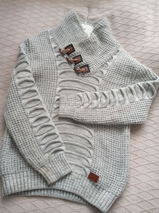 Modny szary męski sweter z dzianiny XXL