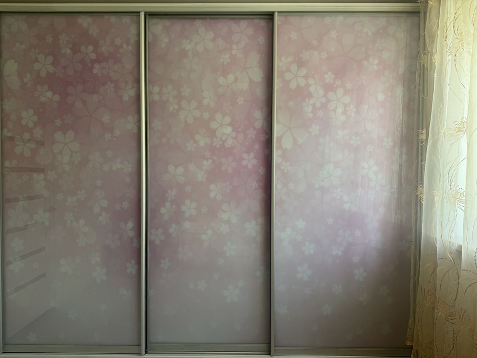 Шкаф купе для речей рожевого кольору.