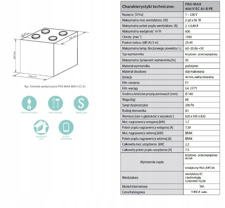 Rekuperator 400V 600m3 BYPASS+Sterownik+MODUŁ LAN