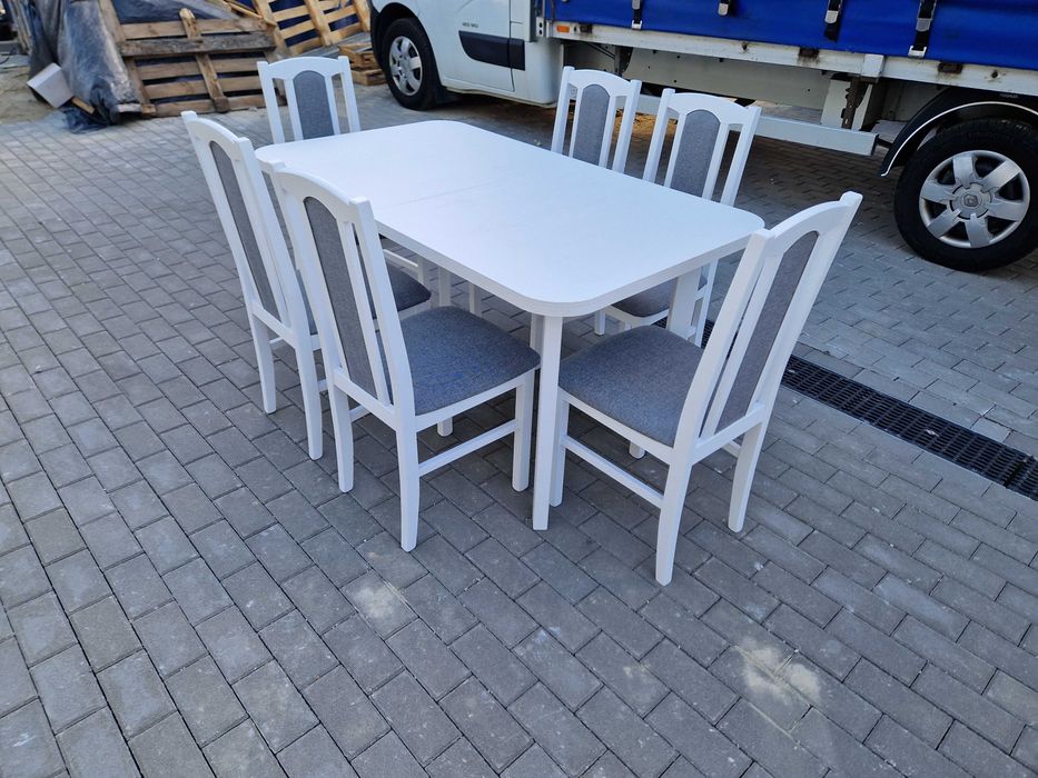 Stół 80x140-180 + 6 krzeseł,  biały+szary, nowe-od ręki, dostawa PL