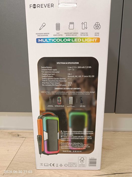 Głośnik Forever RGB LED 30W bezprzewodowy bluetooth karaoke pilot mikrofon