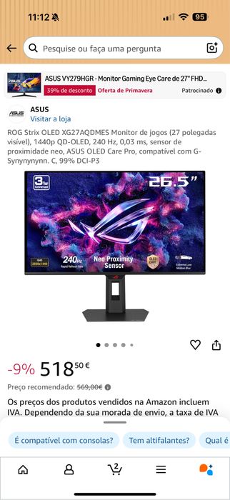 Monitor OLED 26,5" 240hz ASUS XG27AQDMES Rog Strix