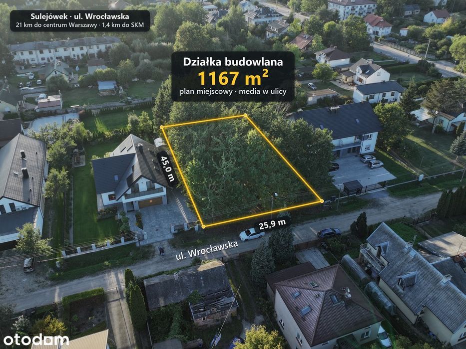 Działka budowlana 1167 m², MPZP, media – Sulejówek, ul. Wrocławska