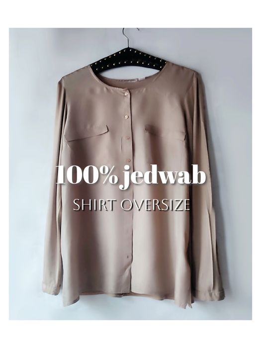 Piękna koszula bluzka top 100% jedwab szary beż oversize z L