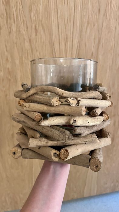 wazon świecznik - BOHO - szkło, gałązki, patyki, drewno, natura japandi