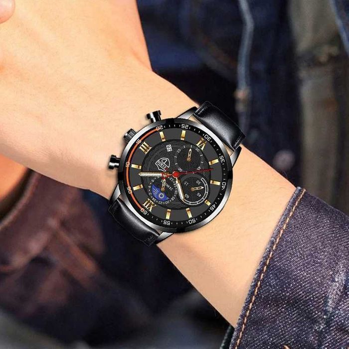 Conjunto de Relógio de Pulso Homem + Pulseira de Couro Quartzo Desport